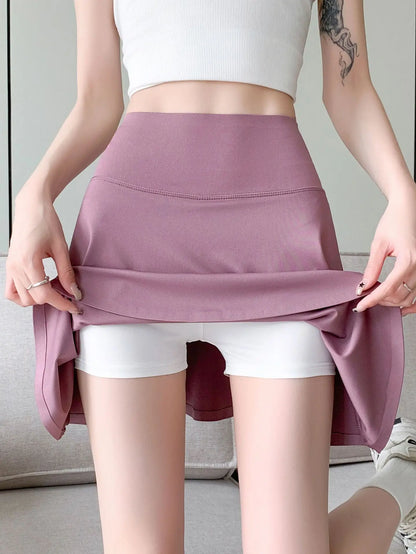 Women Summer Fake Two Pieces Sports Skirt Anti-Chafing Anti-Slip Tennis Badminton Yoga Skirt Pleated White Mini Skirt  Running