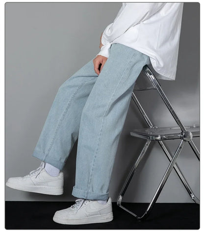 2026 New Korean Men's Casual Long Jeans Classic Man Straight Denim Wide-leg Pants Solid Color Light Blue Black 3XL Cargo Jean