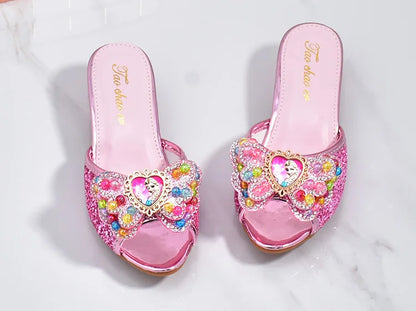 Girls High Heels Shoe Slippers Children Slippers Bow A Word Drag Sandals Soft Bottom Kids Party Wedding Performance Princes Shoe