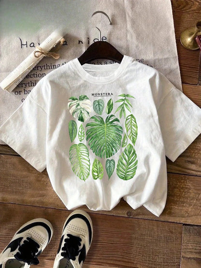 Women's Short Sleeve Crew Neck T-Shirt Monstera Philodendron Tropical Leaf Print Casual Fashion Tee for Summer Ladies TShirts
