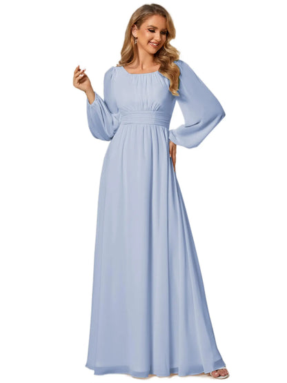 Women's Crewneck Lantern Sleeves Bridesmaid Dresses For Wedding Flowy A-Line Pleated Floor Length Chiffon Formal Evening Dresses