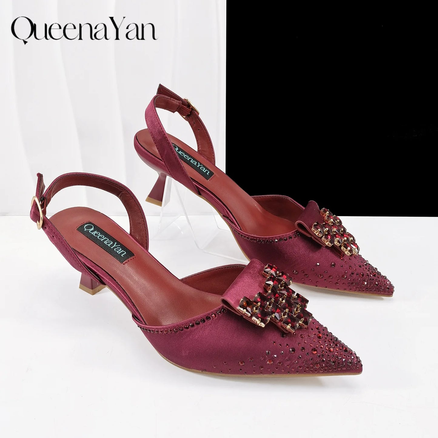 Elegant Coffee Color Pointed-Toe Italian Women's High-Heeled Shoe and Bag Set with Diamond Design for Parties