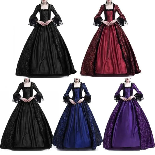 Women Vintage Medieval Gothic Square Neck Flare Sleeve Lace Patchwork Maxi Dress  bodycon dress  dresses
