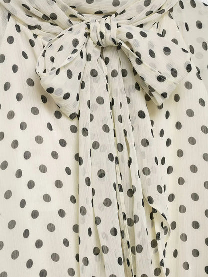 New Women Bow Collar Blouse Vintage Polka Dot Printed Loose Tops Fashion Elegant Spring Long Sleeve Commuting Shirts