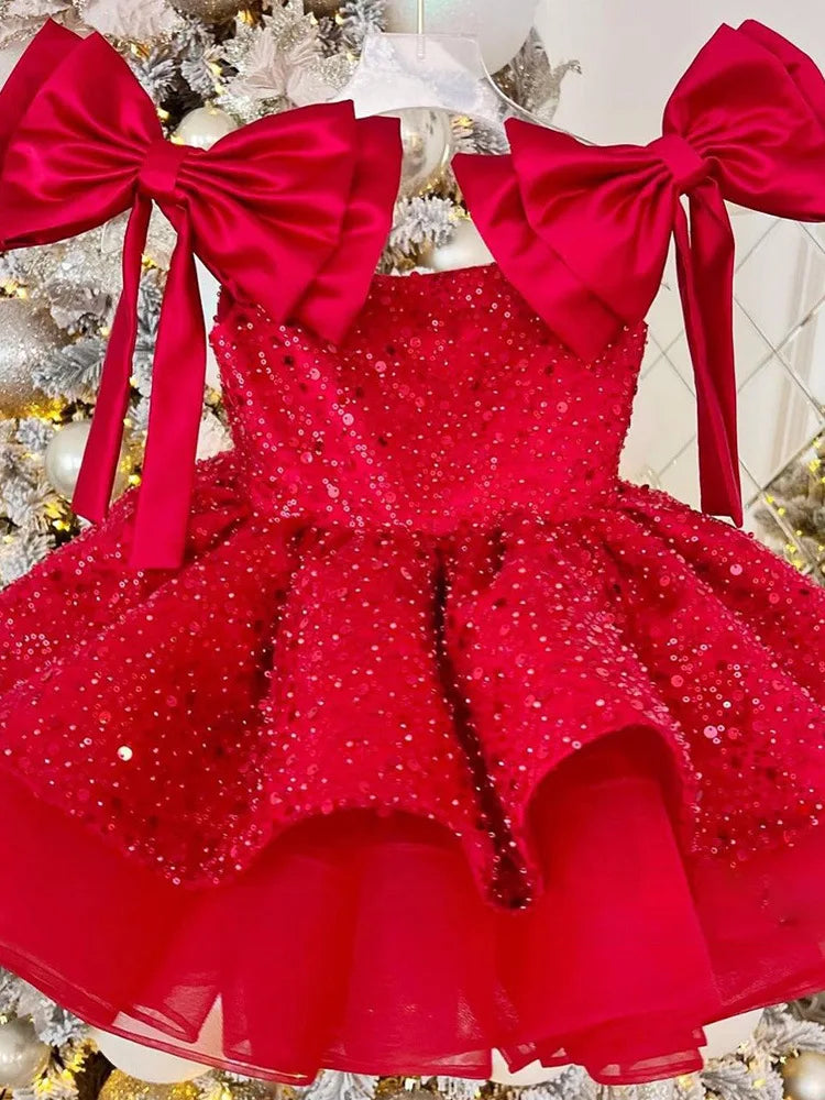 2026 New Christmas Children's Dress Flower Wedding Sequenant Princess Princess Skirt 2-10 years old Red Girl Dress Spot