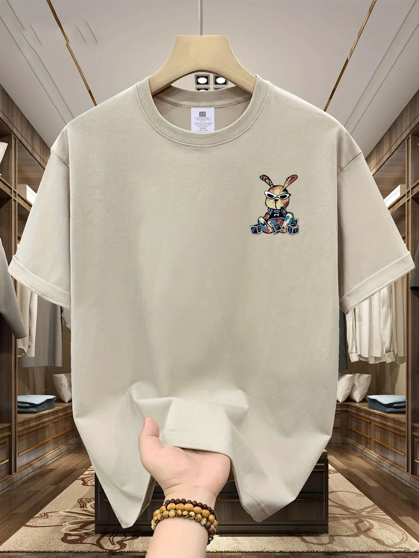 Men's summer 100% pure cotton fashionable casual loose black rabbit cartoon pattern printed round neck short sleeved T-shirt top