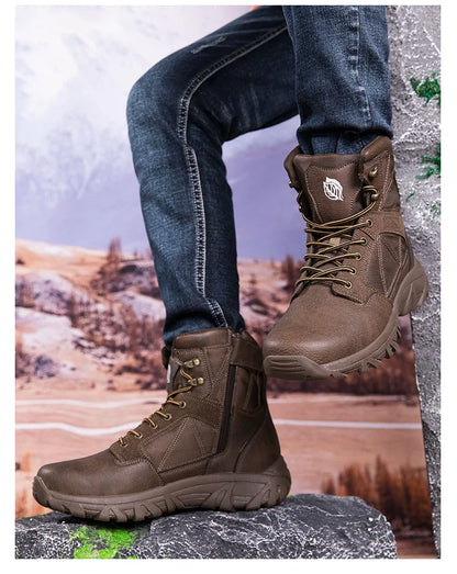 Brand High-Top Leather Men's Boots Breathable Desert Combat Men Work Ankle Outdoor Non-slip Hiking Boots Men's Motorcycle Boots