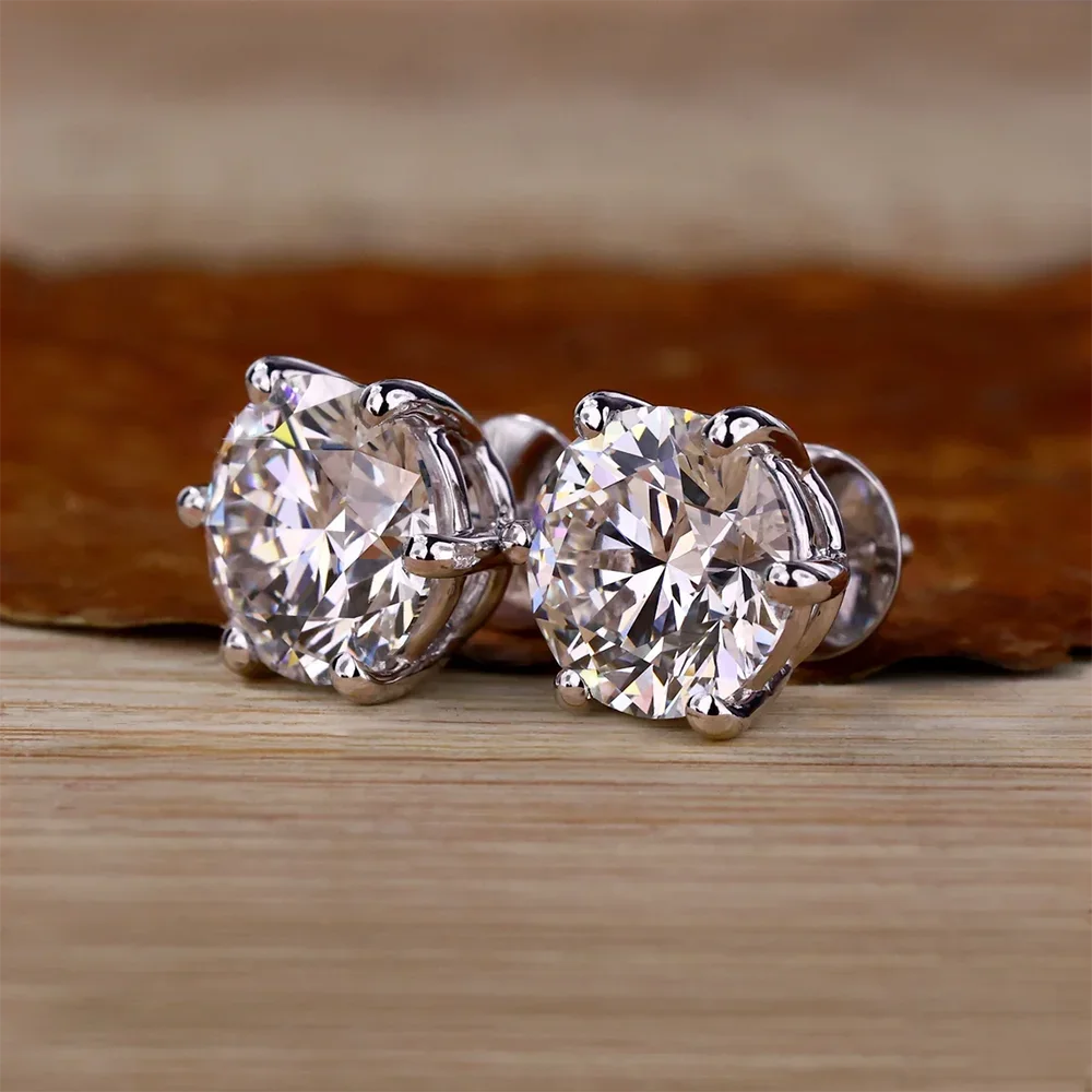 2 Carat Classic Moissanite Stud Earrings 925 Sterling Silver For Women 6-Claw D Color Sparkling Diamond Round Ear StudsCertified