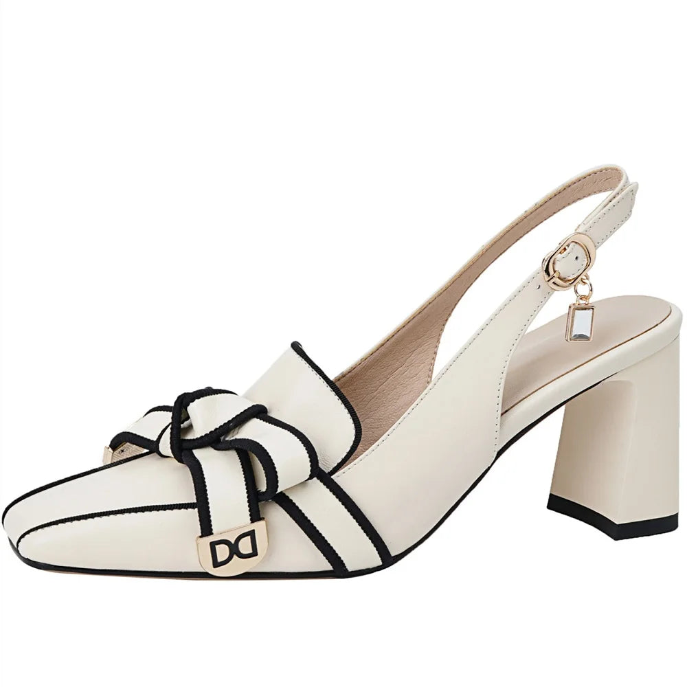 2025 French Style Genuine Leather Sandals Women Covered Toe Butterfly Knot Party Dating Sandals Office Ladies Pumps