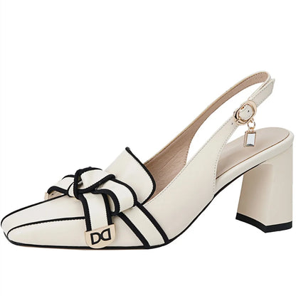 2025 French Style Genuine Leather Sandals Women Covered Toe Butterfly Knot Party Dating Sandals Office Ladies Pumps
