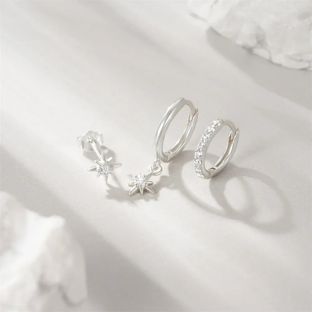 925 Sterling Silver 3pcs 4pcs Set Zircon Stud Earrings 18k Gold Star Minimalism Huggies Earring Fine Jewelly Set Party Gift