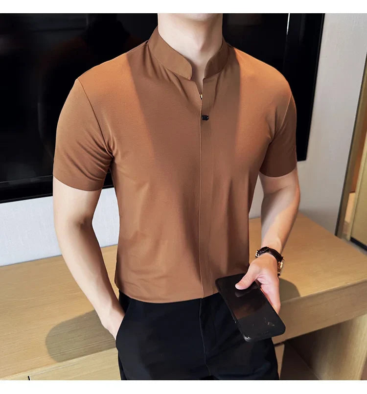 Men's High Elastic V-neck Polo Shirt, Thin Short-sleeve T-shirt, Business Casual Men's Top, 2024 High Quality, M-4XL.