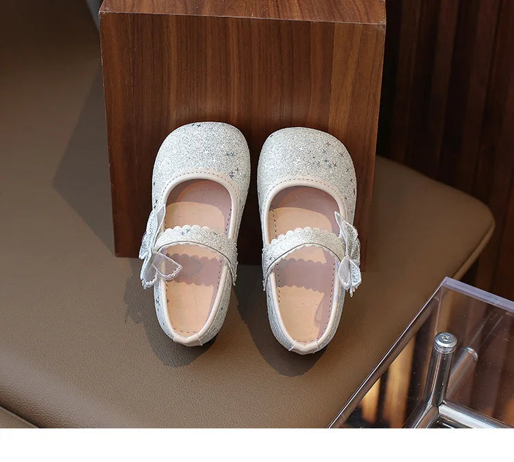 New Girls Princess Shoes Fashion Children's Bow Rhinestone Sequin Kids Shoes Baby Party Student Flat Performance Shoes