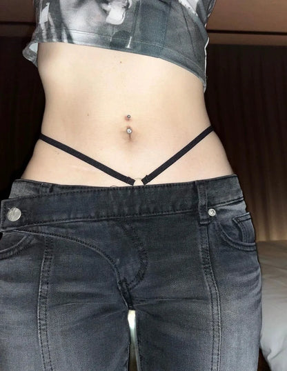Vintage Distressed Low Waist Jeans Grunge Asymmetrical Waist Denim Pant Korean Fashion Black Flare Jeans Kpop Streetwear