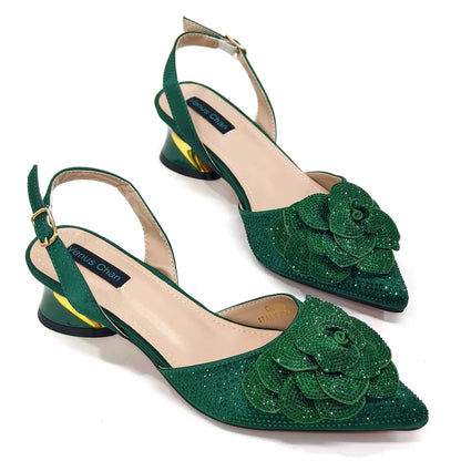 Evening Shoes and Bags Set with Full Diamond Handmade Petal Clutches Pointed Toe Peach Color Mid-Heel Women Shoes
