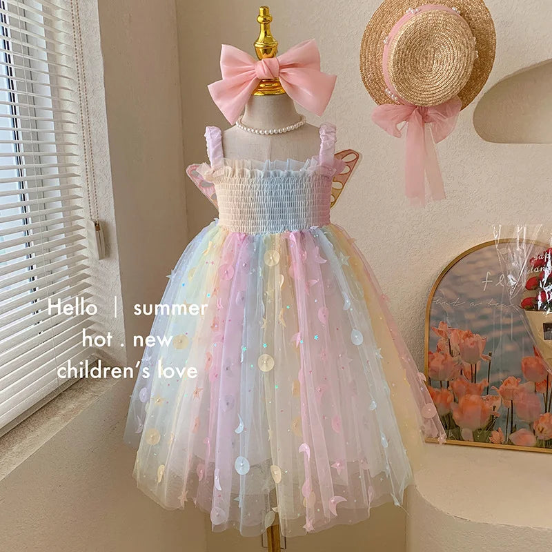 Korean Style New Summer Baby Girl Princess Dress Square Collar Mesh Sleeveless Dresses Children Clothing E23076