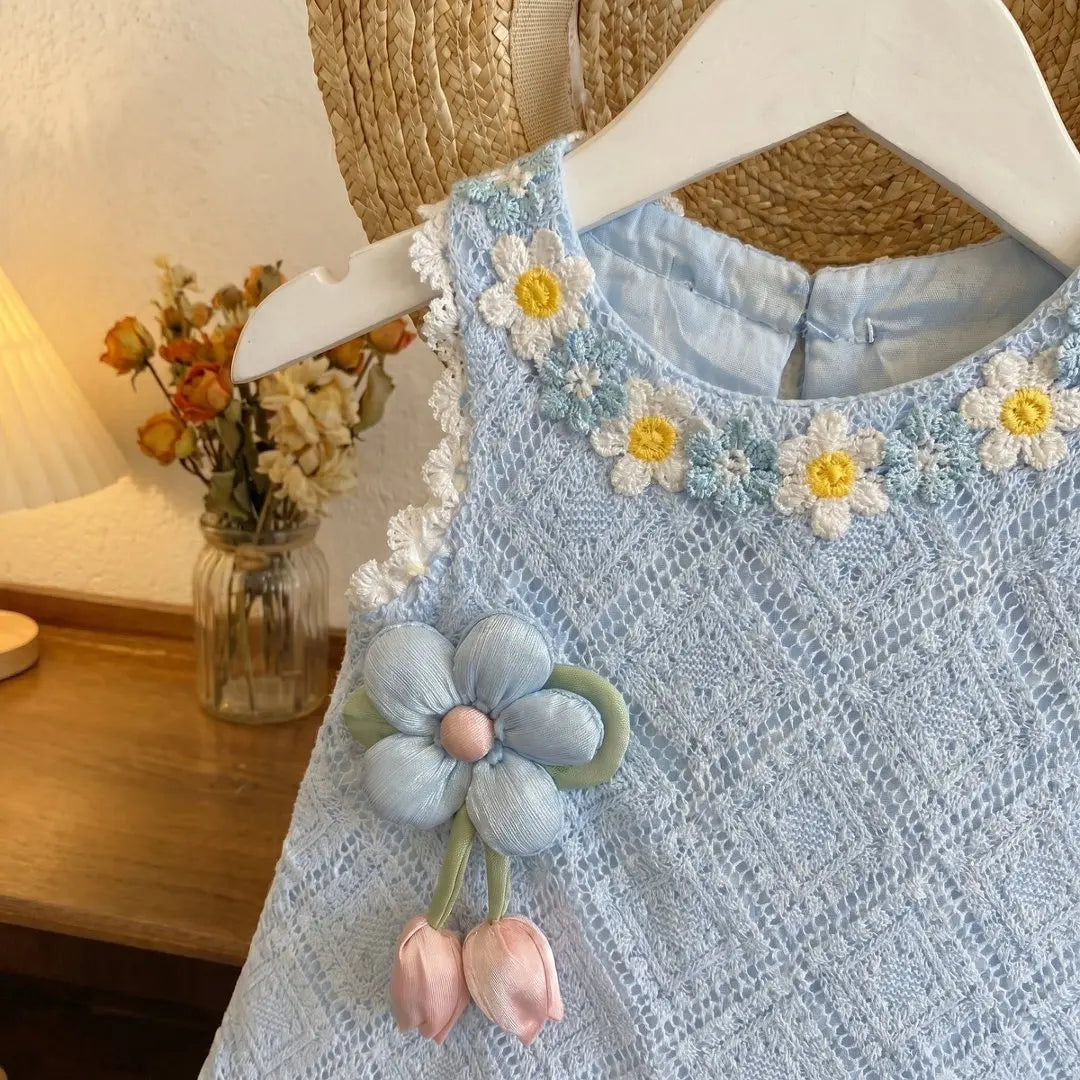 Girls' Dress Summer New Style Children's Fashionable Lace Princess Dress Little Girl Sweet Floral Vest Dress