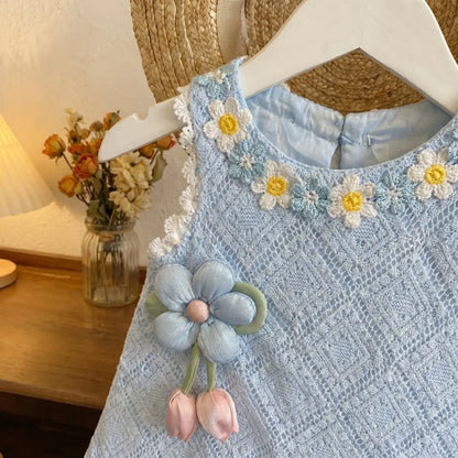 Girls' Dress Summer New Style Children's Fashionable Lace Princess Dress Little Girl Sweet Floral Vest Dress