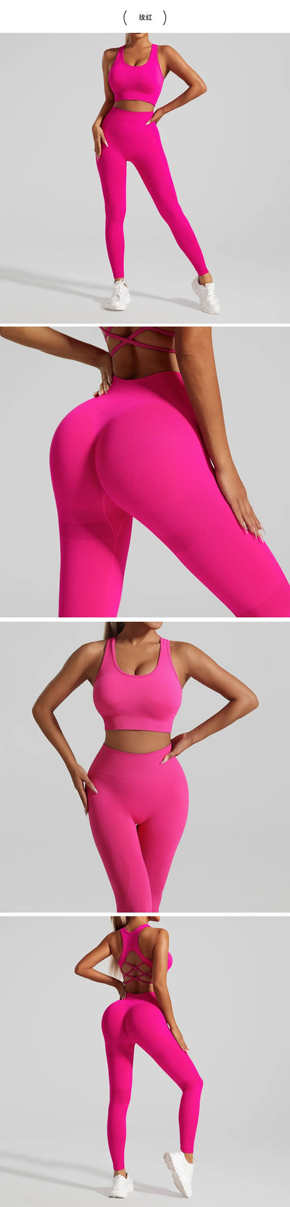 Seamless Yoga Set Two Piece Set Womens Outifits Workout Gym Set Fitness Clothing Tracksuit Backless Crop Top Leggings Sport Suit