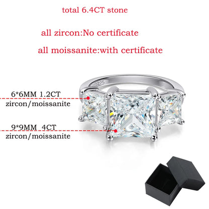 Princess Cut 3 Gems Moissanite Wedding Rings for Women Couple Jewelry Girl's Birthday Gift Lab Diamond Band Pure S925