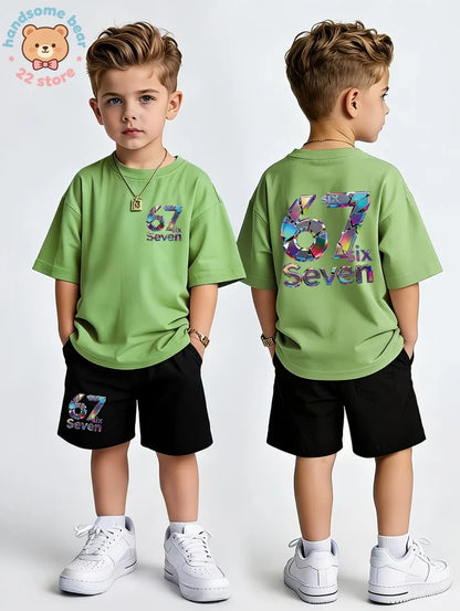 Boys Sets 67 Funny Print Kids T-Shirt Shorts Pant Set Casual Italian Brainrot Summer Top Suit for Funny Gift Children's Clothing
