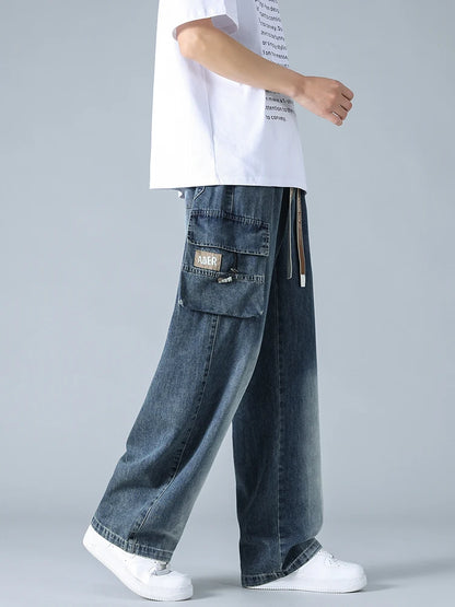 Summer Men's Straight Jeans Multi-Pockets Wide Leg Denim Cargo Pants 8XL 7XL 6XL Big Size Lightweight Baggy Solid Jeans Trousers