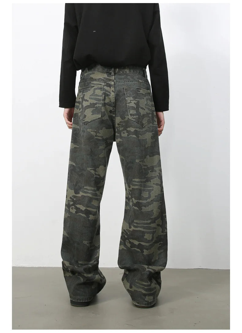 Tide Camouflage Jeans Men's Ins Loose Straight Wide Leg Casual Denim Pants Loose Male Trousers 12C2036