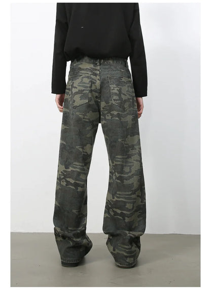 Tide Camouflage Jeans Men's Ins Loose Straight Wide Leg Casual Denim Pants Loose Male Trousers 12C2036