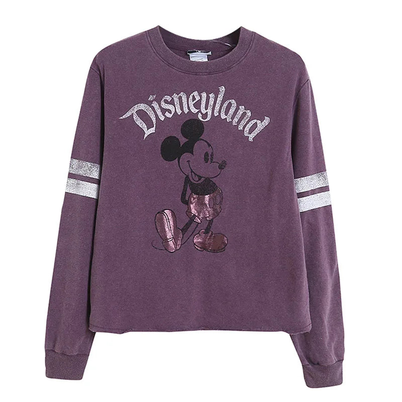 Retro Distressed Sweatshirt Women Mickey Mouse Casual Pullover Tops O Neck Long Sleeve Jumper Streetwear