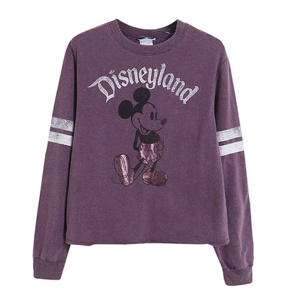 Retro Distressed Sweatshirt Women Mickey Mouse Casual Pullover Tops O Neck Long Sleeve Jumper Streetwear
