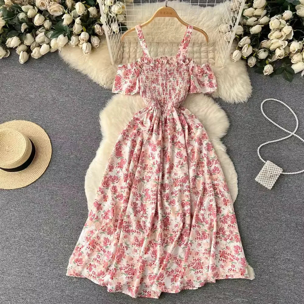 Romantic Floral Print Long Summer Dress Women Fashion Off Shoulders Straps Vacation Beach Dress Korean Party Vestidos