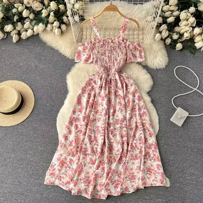 Romantic Floral Print Long Summer Dress Women Fashion Off Shoulders Straps Vacation Beach Dress Korean Party Vestidos