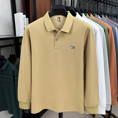Fashion brand autumn new men's top casual warm 100% cotton long sleeved Polo shirt