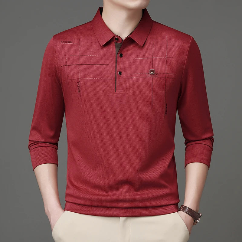 2025 Latest Autumn New Men's Long Sleeve Polo Shirt Middle Aged Business Comfortable Solid Color Men's Collar T-shirt