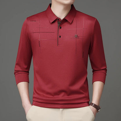2025 Latest Autumn New Men's Long Sleeve Polo Shirt Middle Aged Business Comfortable Solid Color Men's Collar T-shirt