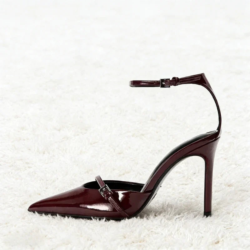 Ankle Strap Thin High Heels Women Summer Patent Leather Luxury Banquet Wedding Shoe Elegant Pointed Toe High Heeled Sandals