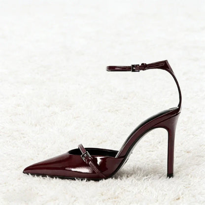 Ankle Strap Thin High Heels Women Summer Patent Leather Luxury Banquet Wedding Shoe Elegant Pointed Toe High Heeled Sandals