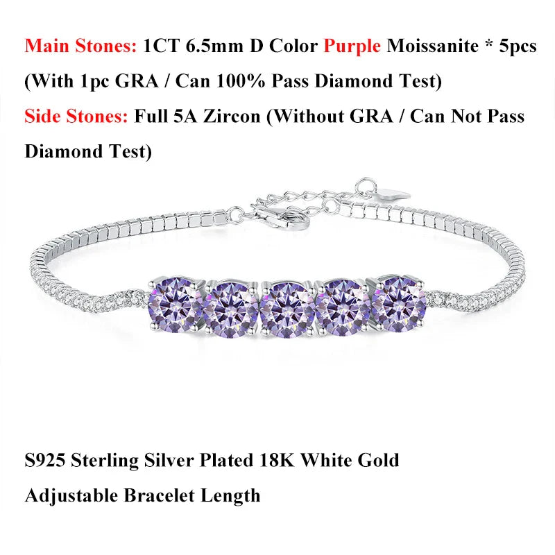 Pink Blue Green Moissanite Diamond Link Bracelet 6.5mm 5cttw for Woman 925 Silver Plated 18K Adjustable Chain Bracelets