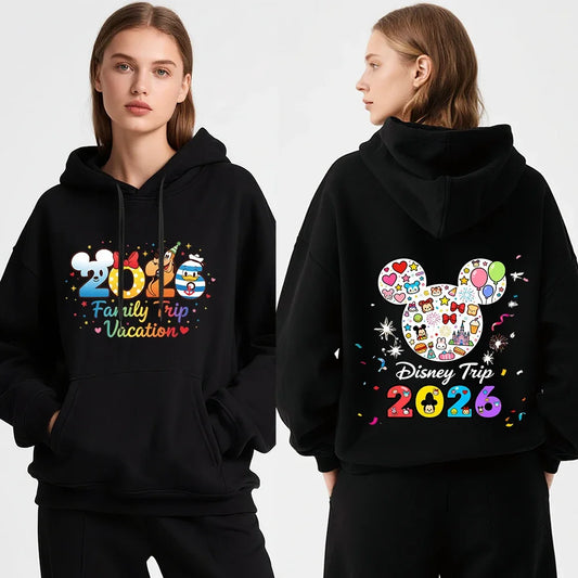 Cute 2026 Family Travel Print Hooded Fleece-Lined Warm Winter Pullover Sweatshirt Casual Jacket Autumn Sweatshirt
