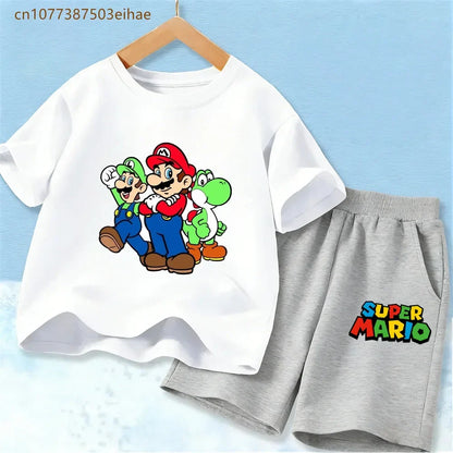 Cute Mario Pattern Children 2 Piece Suits Pure Cotton Short Sleeve Tee Tops + Fashion Shorts Summer Casual Daily Wear