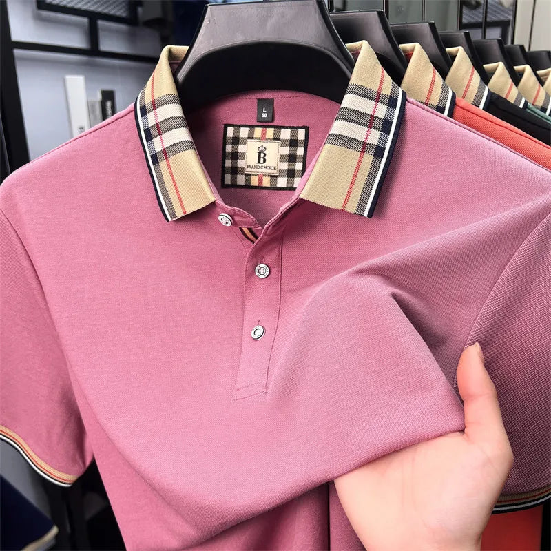 Luxury brand short sleeve polo shirt men fashionable simple solid color summer mercerized cotton breathable casual lapel T shirt