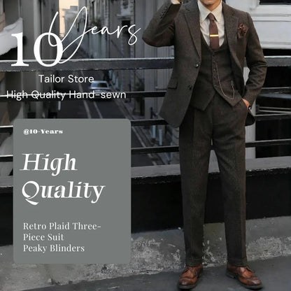 Peaky Blinders Men's 3-Piece Suit Vintage Plaid Wool Autumn/Winter Heavyweight New Style Jacket+Vest+Pants Slim Fit  Formal Suit
