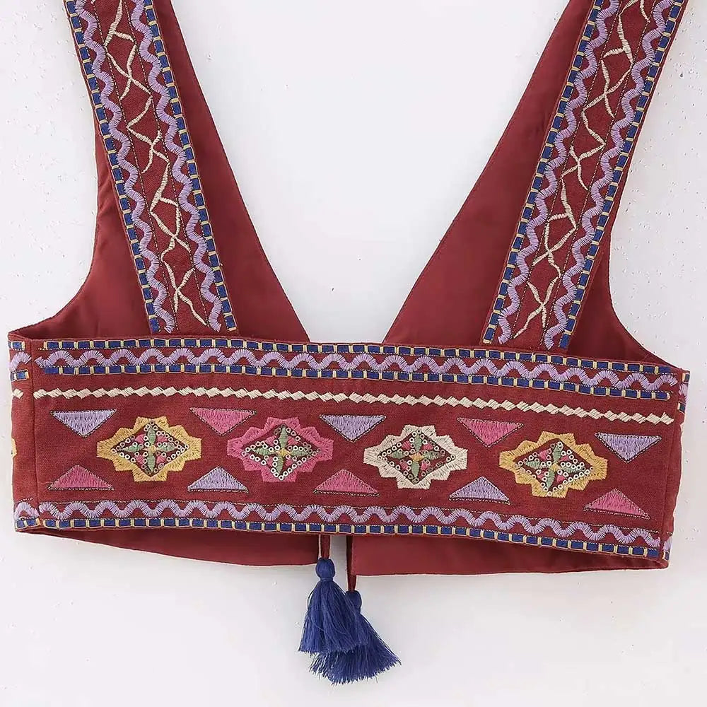 Women Fashion With Tie Tassel Embroidered Crop Tank Tops Sexy V Neck Wide Straps Female Waistcoat Chic Vest Tops