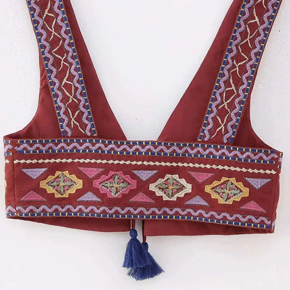 Women Fashion With Tie Tassel Embroidered Crop Tank Tops Sexy V Neck Wide Straps Female Waistcoat Chic Vest Tops