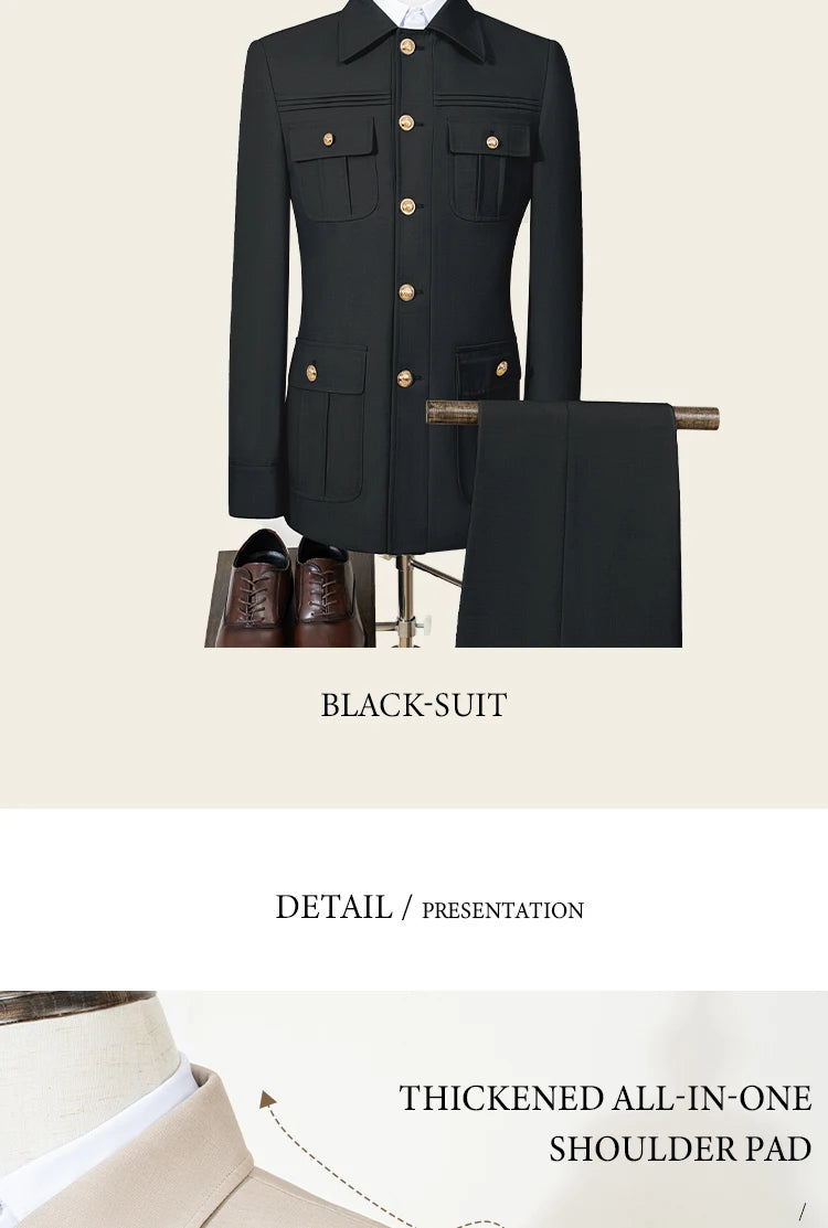 Terno masculino slim fit preto de duas peças blazer de homem de negócios casual de cor sólida com várias fivelas e vários bolsos de ajuste clássico