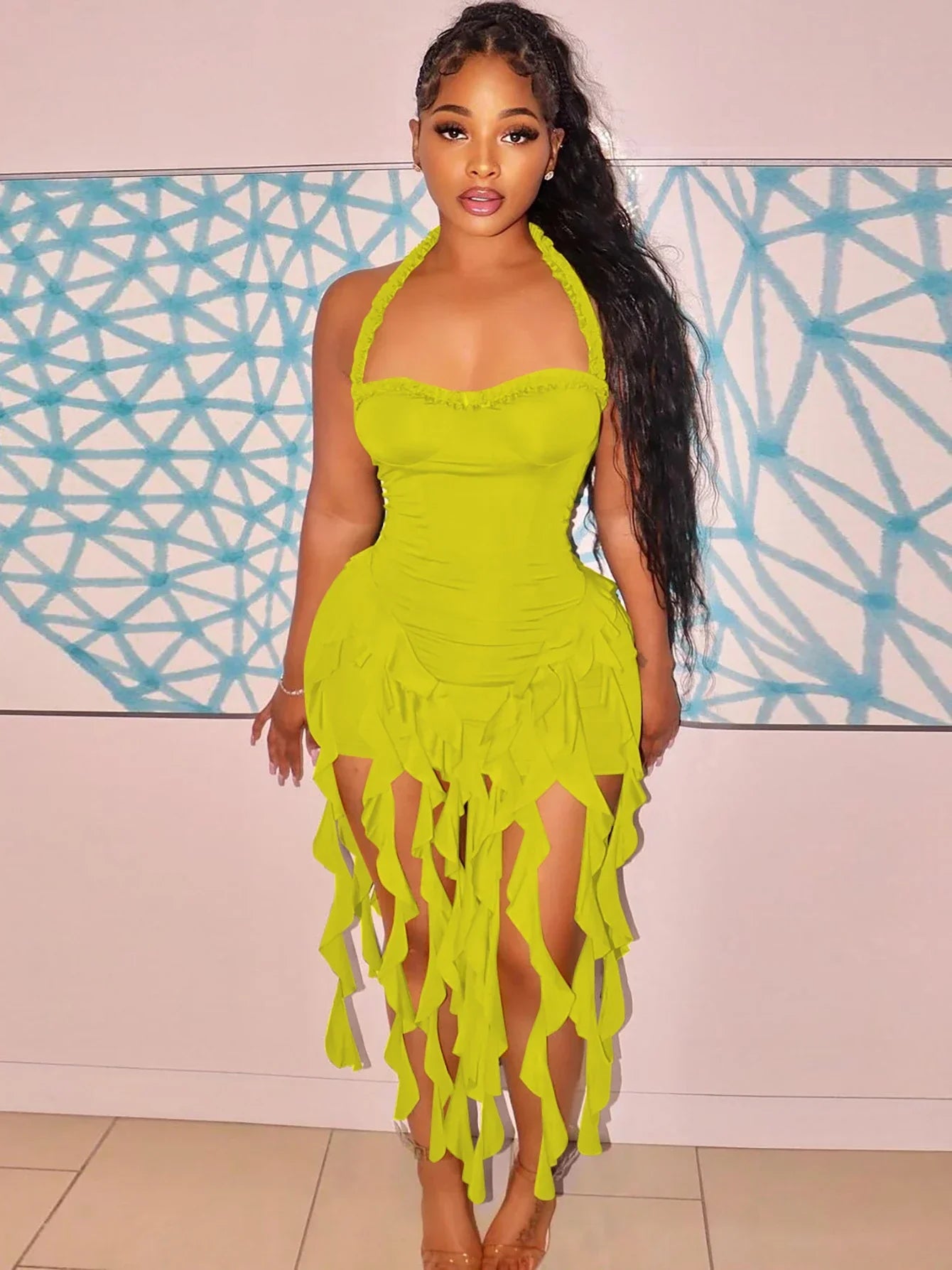 Elegant Halter Solid Ruffles Backless Taseel Sexy Slim Mini Dress Spring Women Cute Outfits Birthday Party Vacation