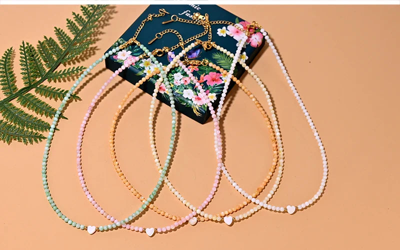 Mother of Pearl Beads Heart Choker Fashion Dyed Natural Shell Necklace for Women Stainless Steel Collares Femme
