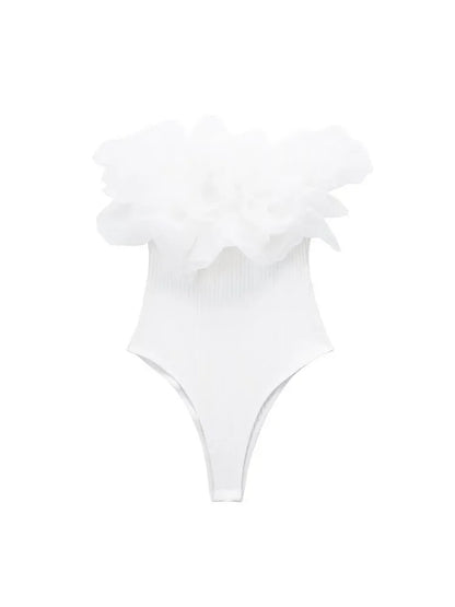 Women Fashion Ribbed Bodysuit With Organza Ruffle Vintage High Elastic Sexy y2k Female Chic Lady Tops body femme