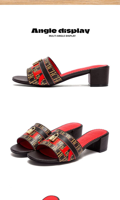 Woman Middle Heel Slippers Luxury Brand Women's Shoes Retro Design 2025 Summer New