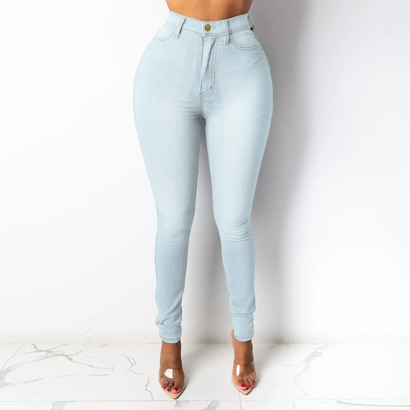 Skinny Pencil Jeans for Women High Waisted Casual Elegant Office Denim Pants Blue White Black Elastic Jeans Woman